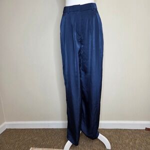 Robertson + Rodeo Navy Blue Satin Wide Leg High Waisted Trousers Pants Womens M